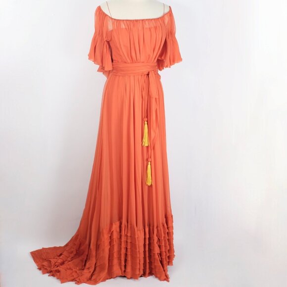 J. Mendel Dresses & Skirts - J. Mendel long dress gown sz 6 tassels train off shoulder Sp 2008